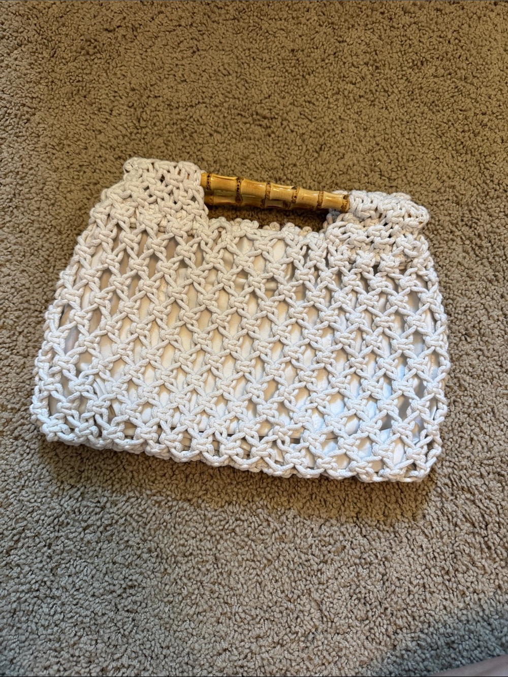 White Crochet Bamboo-Handle Women’s Handbag